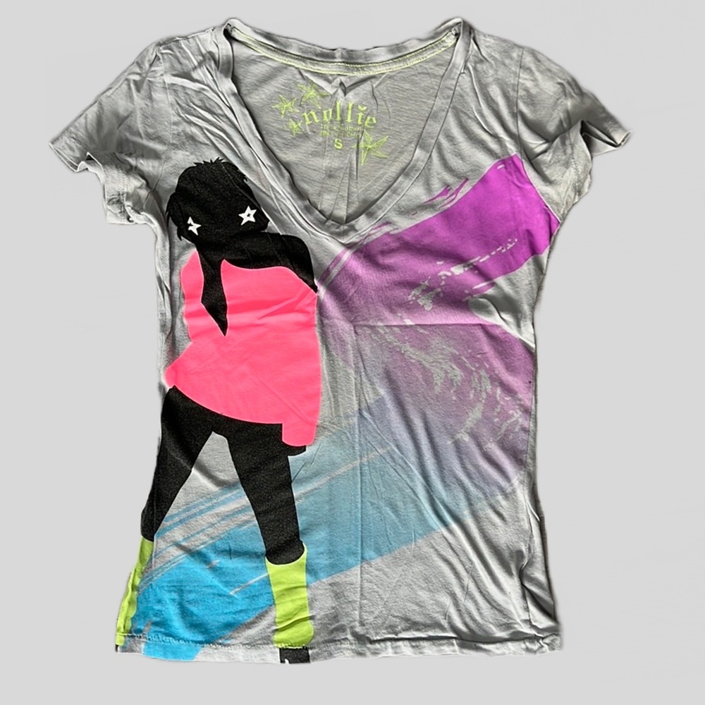 Nollie Gray Pink Purple V-Neck Graphic T-Shirt Size Small Dancing Neon